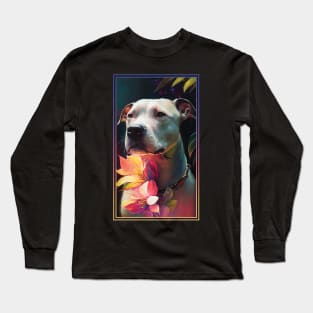 American Staffordshire Terrier Pitbull Vibrant Tropical Flower Tall Digital Oil Painting Portrait  7 Long Sleeve T-Shirt